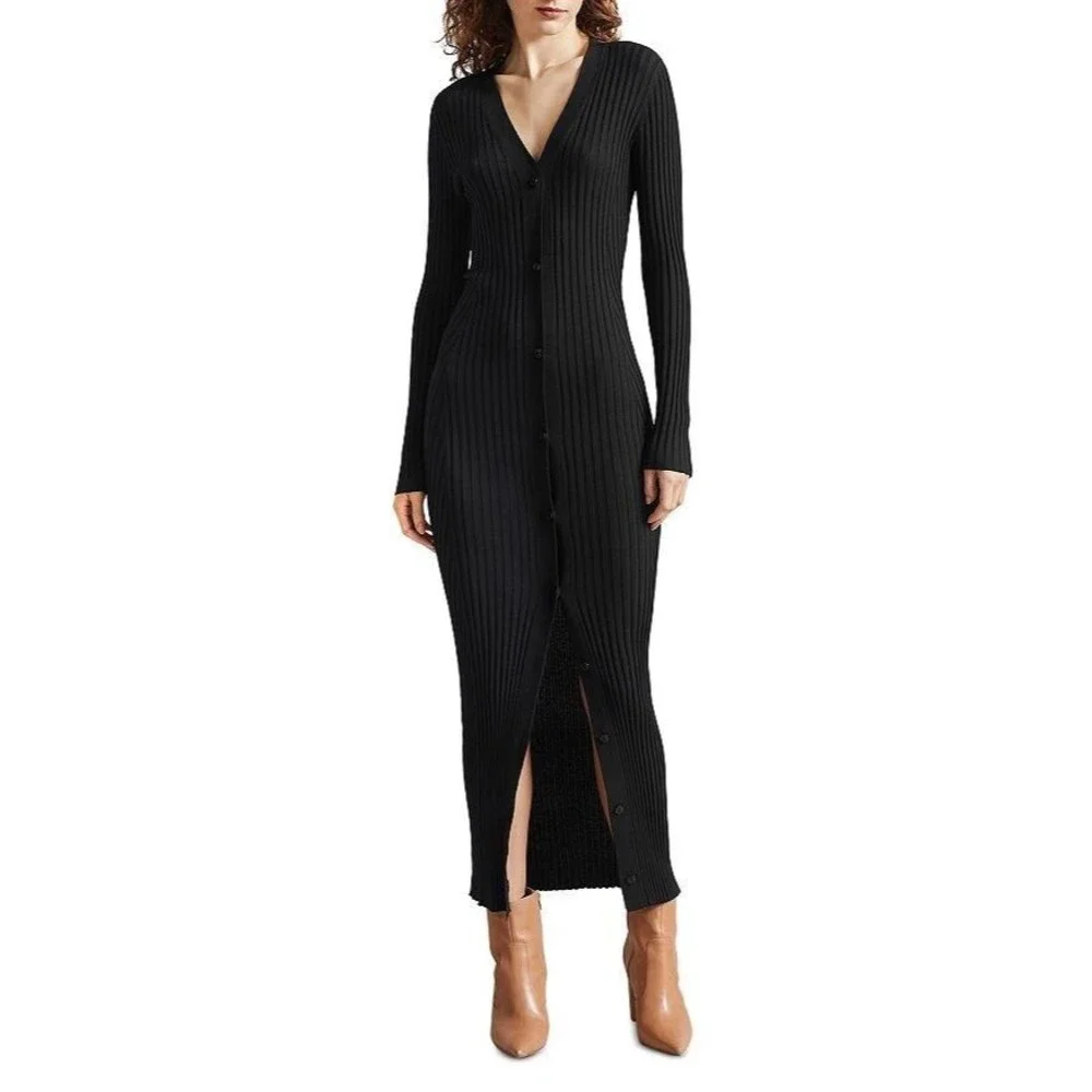 NEW Ted Baker Nardaa Longline Cardigan Dress Ribbed MEDIUM Black Viscose - Picture 1 of 16